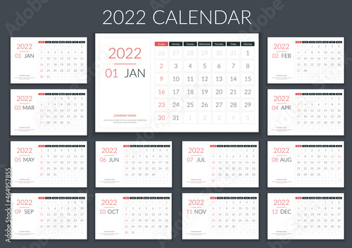 2022 Calendar template, planner, 12 pages, week starts on Sunday