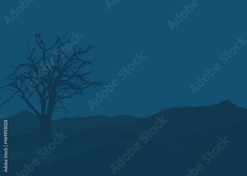 Blue landscape with trees on the mountains background.Art wallpaper.
