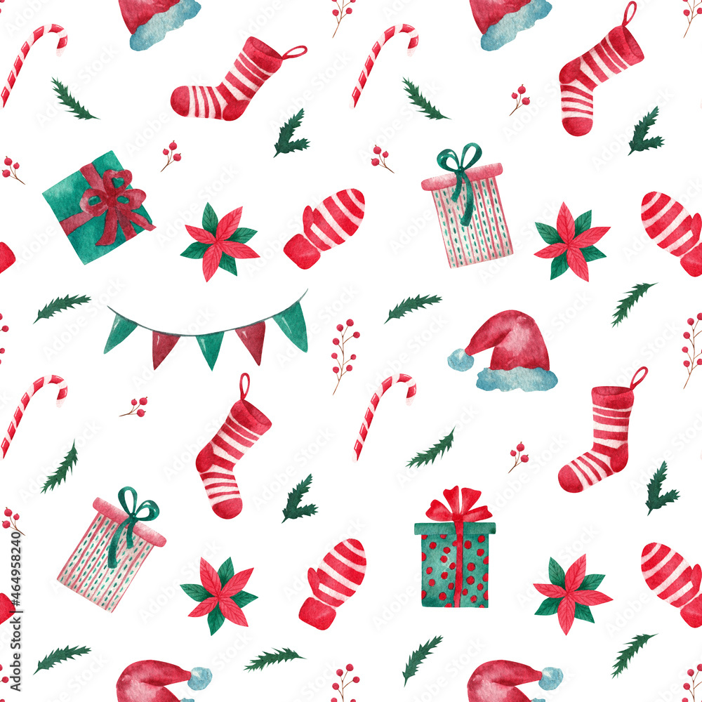 Christmas pattern. Watercolor. Seamless pattern on white background