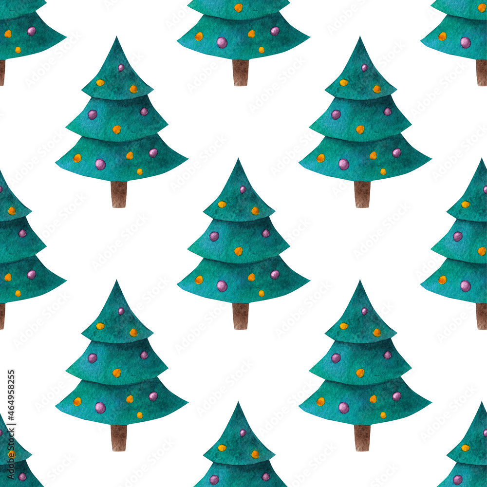 Funny Christmas tree. Watercolor. Seamless pattern on white background