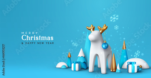 Tableau sur toile Merry Christmas and Happy New Year Blue Background