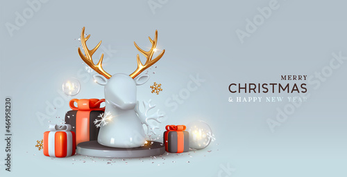 Merry Christmas and Happy New Year. Realistic 3d design, round podium at studio stands a deer head, gift boxes in black red color. Xmas background holiday winter composition. Vector illustration