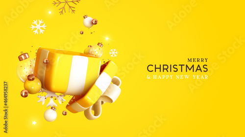 Christmas holiday realistic 3d gifts boxes. Open gift box full of decorative festive object. New year banner, web poster, flyer, stylish brochure, greeting card. Xmas background. Vector illustration