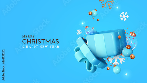 Christmas holiday realistic 3d gifts boxes. Open gift box full of decorative festive object. New year banner, web poster, flyer, stylish brochure, greeting card. Xmas background. Vector illustration
