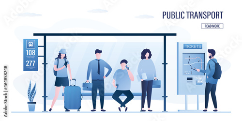 Modern public transport stop. Group of various people standing and sitting on bus stop and waiting bus. Male and female characters. Passenger buy ticket in terminal.