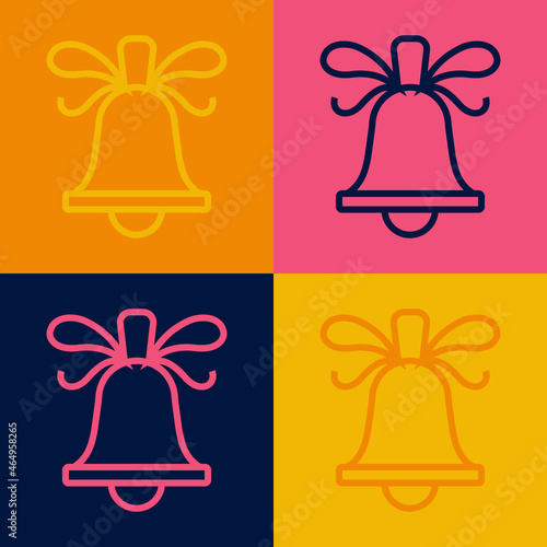 Pop art line Merry Christmas ringing bell icon isolated on color background. Alarm symbol, service bell, handbell sign, notification. Vector