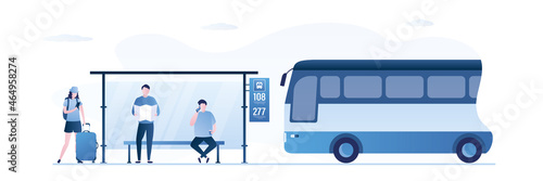 Public transport, concept. Horizontal banner, template. Various people standing, sitting on bus stop. Different male and female characters waiting bus. Urban communication.