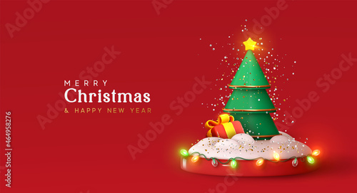 Happy New Year background. Green Christmas tree with star and box of gifts strewn with snow on red round studio podium, realistic 3d decorative garland glow. Xmas Decorations. Vector illustration