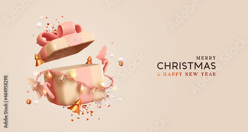 Christmas holiday realistic 3d gifts boxes. Open gift box full of decorative festive object. New year banner, web poster, flyer, stylish brochure, greeting card. Xmas background. Vector illustration