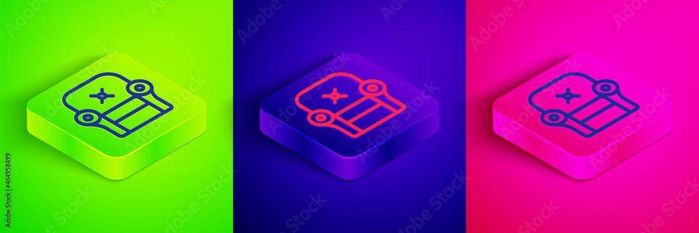 Isometric line Armchair icon isolated on green, blue and pink background. Square button. Vector Isometric line Armchair icon isolated on green, blue and pink background. Square button. Vector