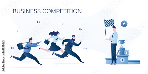 Business competition. Three business persons racing. Winner and losers businesspeople concept. Gender equality. Office Relationships. Boss with finishing flag, prizes for winner.
