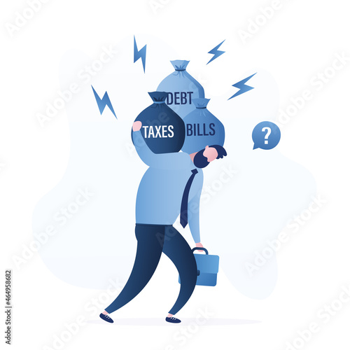Sad businessman carries bags of taxes, debts and bills. Financial, debt burden. Money problems. Unhappy male character. Economic crisis, bad money management. Bankruptcy concept.