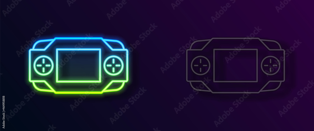 Glowing neon line Portable video game console icon isolated on black background. Handheld console gaming. Vector Glowing neon line Portable video game console icon isolated on black background. Handheld console gaming. Vector