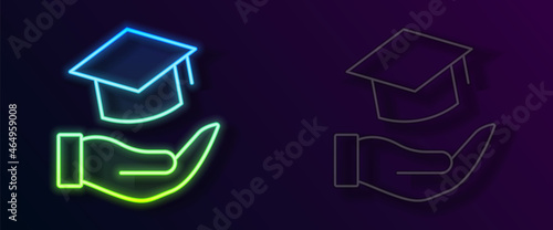 Glowing neon line Education grant icon isolated on black background. Tuition fee, financial education, budget fund, scholarship program, graduation hat. Vector