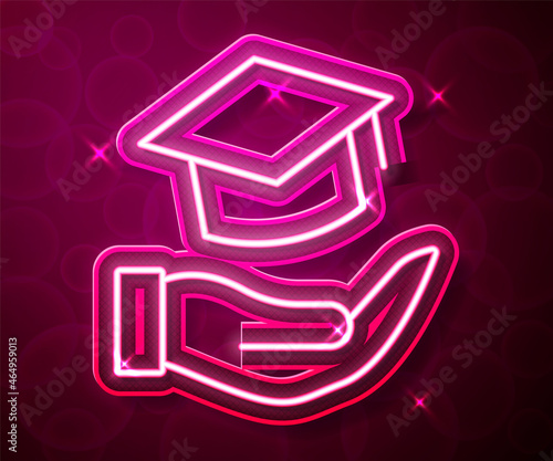 Glowing neon line Education grant icon isolated on red background. Tuition fee, financial education, budget fund, scholarship program, graduation hat. Vector
