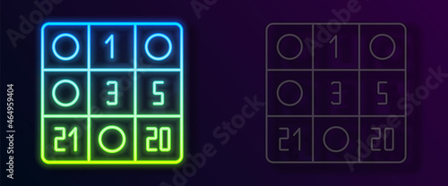 Glowing neon line Bingo card with lucky numbers icon isolated on black background. Vector