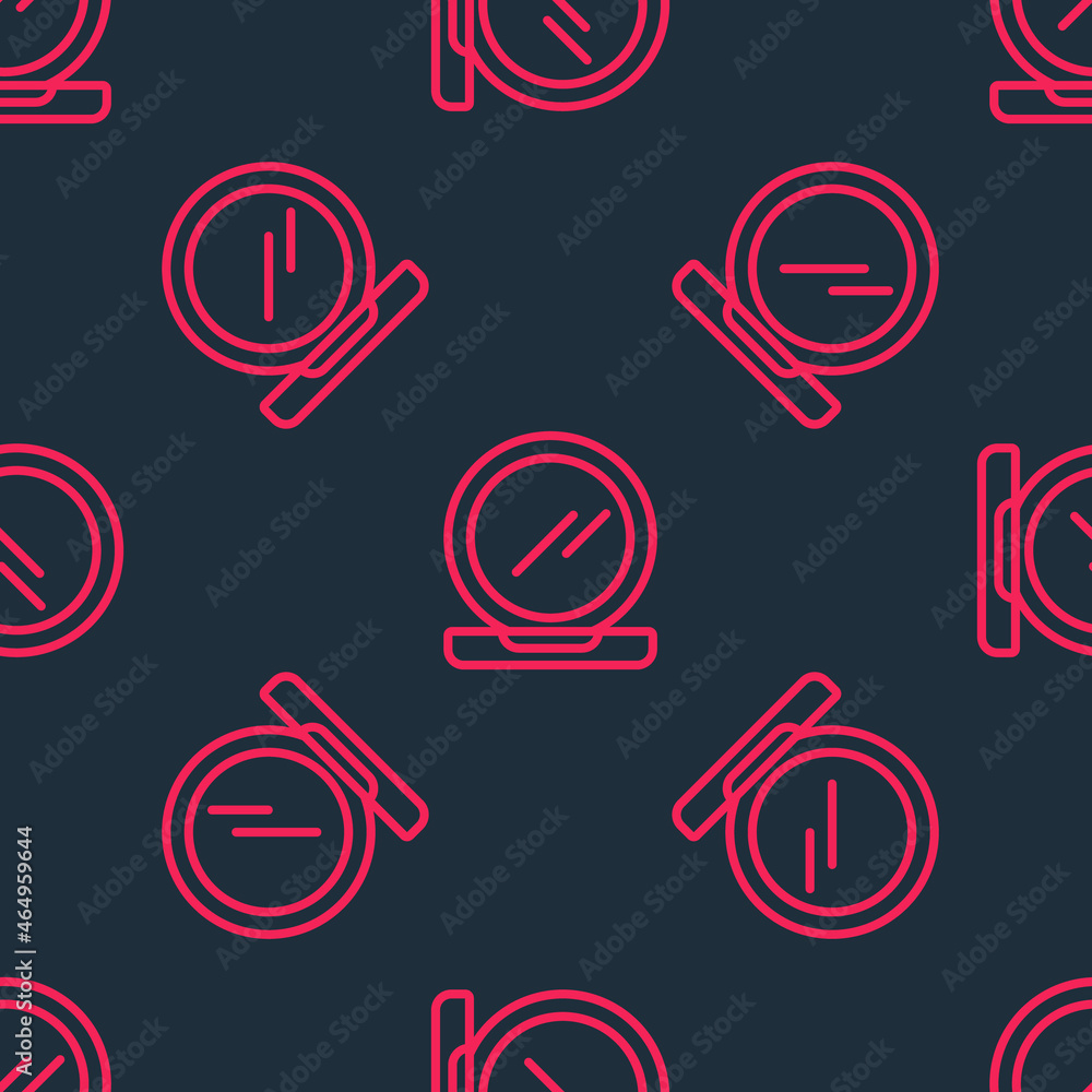 Red line Makeup powder with mirror icon isolated seamless pattern on black background. Vector Red line Makeup powder with mirror icon isolated seamless pattern on black background. Vector
