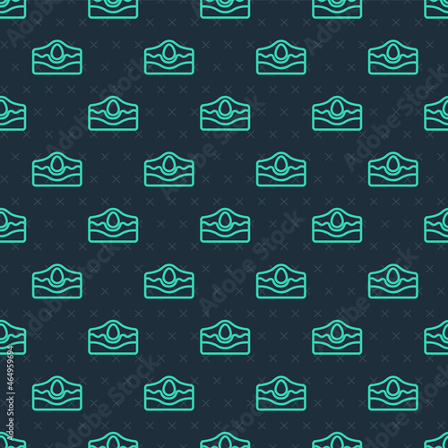 Green line Acne icon isolated seamless pattern on blue background. Inflamed pimple on the skin. The sebum in the clogged pore promotes the growth of a bacteria. Vector