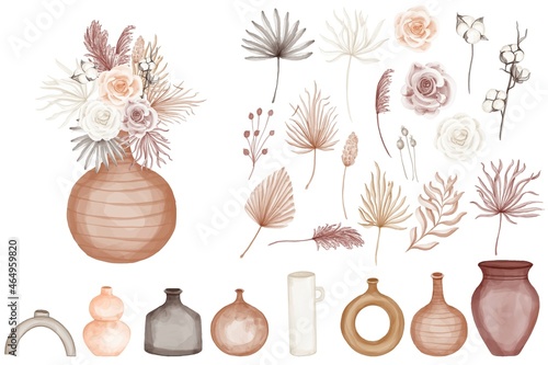 Boho Isolated Watercolor Rose Flower with Vase Clipart