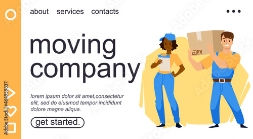 Moving company website banner with loaders or movers, flat vector illustration.