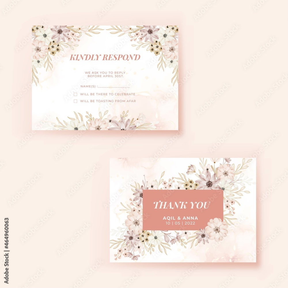 rsvp and thank you card with flower soft design template