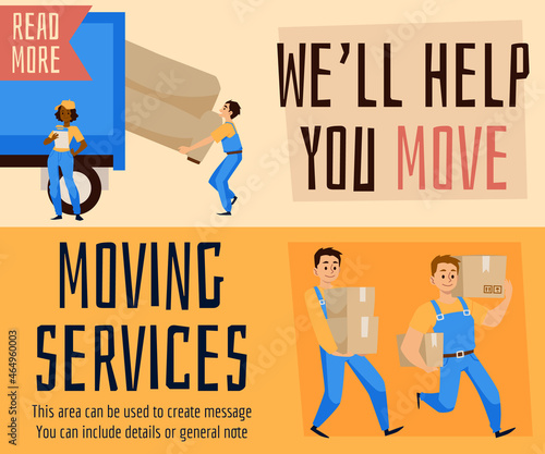 Loaders help to move couch and cardboard boxes vector set