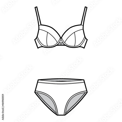 Set of lingerie - bra full cup and high-cup briefs panties technical fashion illustration with adjustable straps. Flat brassiere template front, white color. Women men unisex underwear CAD mockup