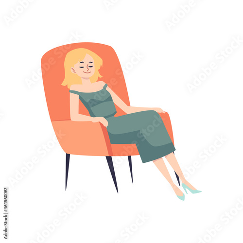 Relaxed woman sits or sleeps in armchair, flat vector illustration isolated on white background.
