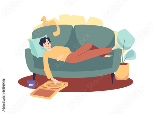 Man lies on sofa with cat, eats pizza and drinks coffee - flat vector illustration isolated on white background.