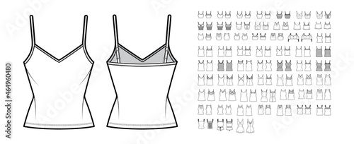 Obraz na płótnie Set of camisole tops, shirts, tanks, blouses technical fashion illustration with wide narrow shoulder straps, fitted oversized body