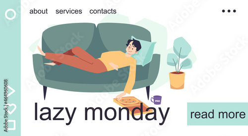 Lazy man lying on the couch eating pizza doing nothing
