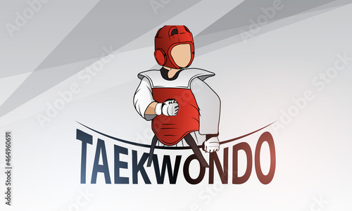 A young athlete in a kimono, protective suit, gloves, helmet is engaged in taekwondo. The logo for the taekwondo school.