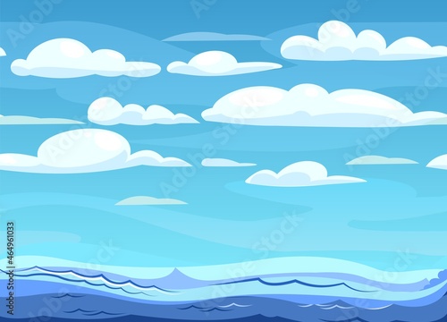 Seascape. Skyline of the blue sea. Illustration in cartoon style. Wind and big waves. Vector.