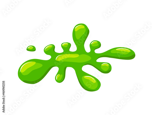 Splashes of green slime on a white isolated background. Green liquid spill.Goo blob puddle dripping mucus Vector cartoon illustration