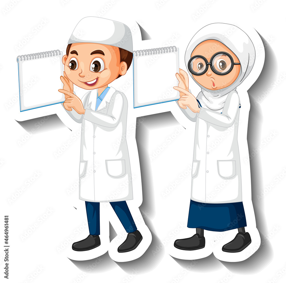 Scientist muslim couple kids cartoon character sticker Scientist muslim couple kids cartoon character sticker
