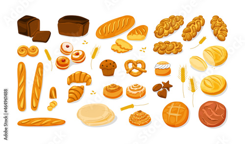 Bread. Various bakery pastry products - rye, wheat and whole grain bread, french baguette, croissant, bagel, roll, toast bread slices, donut, bun,kanelbulle, chalah. Vector cartoon icon set. Vector