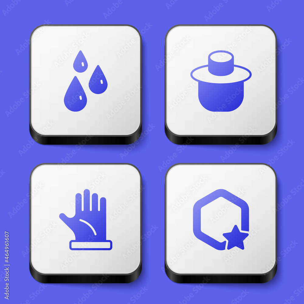 Set Drops of honey, Beekeeper with protect hat, glove and Honeycomb icon. White square button. Vector Set Drops of honey, Beekeeper with protect hat, glove and Honeycomb icon. White square button. Vector