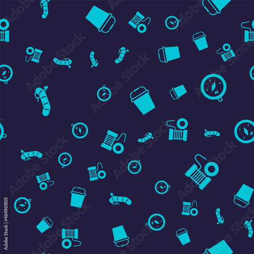 Set Inflatable boat with motor, Compass, Fishing bucket and Spinning reel for fishing on seamless pattern. Vector