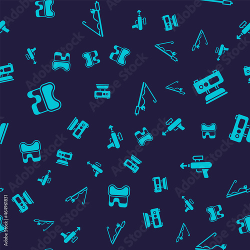 Set Diving mask, Electronic scales, Fishing rod and harpoon on seamless pattern. Vector