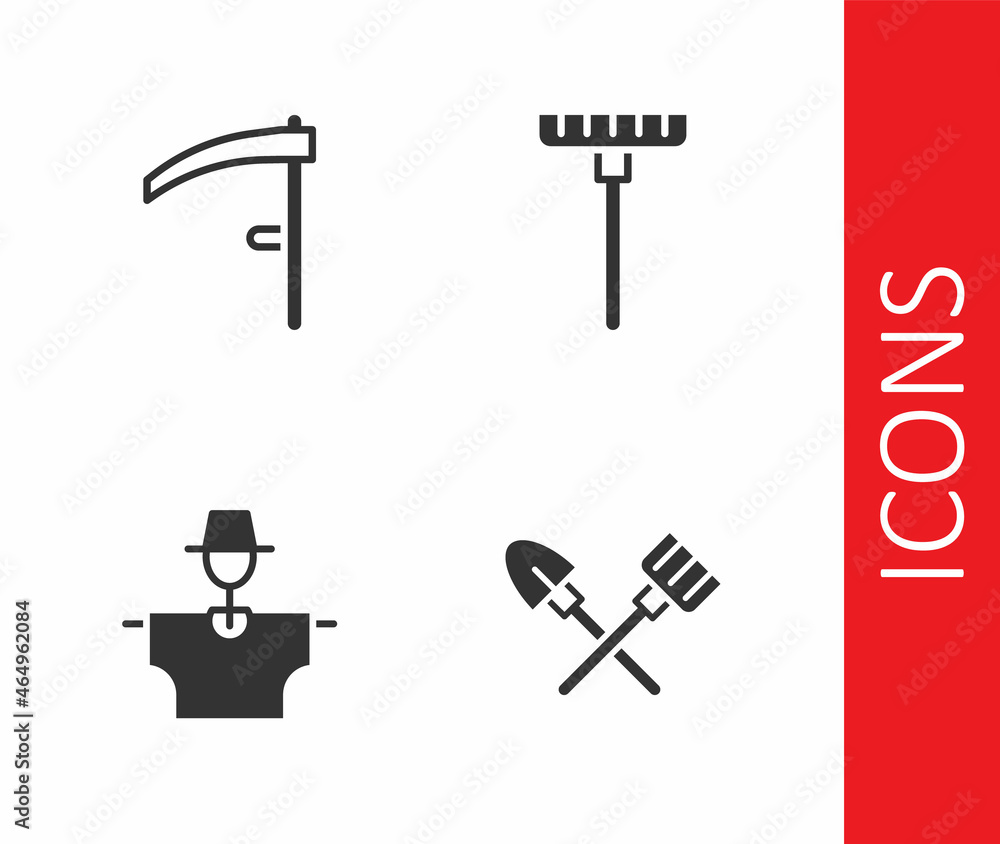 Obraz premium Set Shovel and rake, Scythe, Scarecrow and Garden icon. Vector