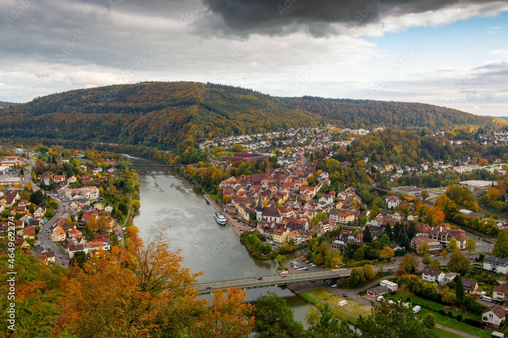 Panoramabild von Neckargemünd, Baden-Würrtemberg. Aufgenommen vom Aussichtspunkt an der Rothsnasenhütte