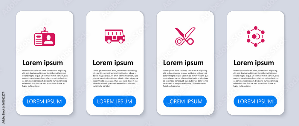 Set Molecule, Scissors, School Bus and Identification badge. Business infographic template. Vector Set Molecule, Scissors, School Bus and Identification badge. Business infographic template. Vector