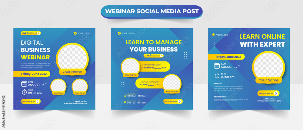 Set of social media post layout for digital online live webinar event conference training seminar course and learning video banner flyer poster template design