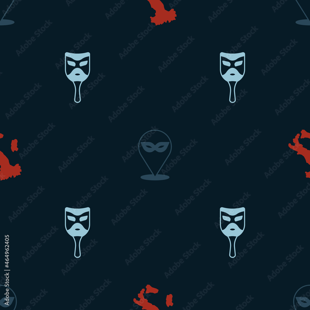 Set Map of Italy, Carnival mask and on seamless pattern. Vector