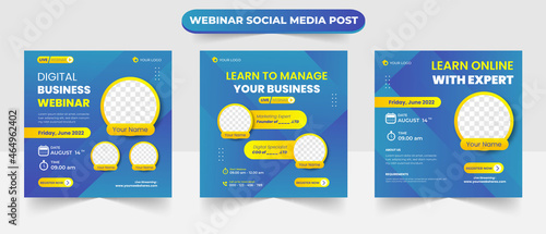 Set of social media post layout for digital online live webinar event conference training seminar course and learning video banner flyer poster template design