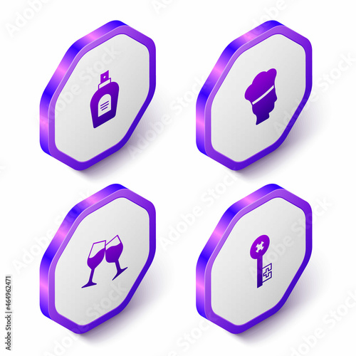 Set Isometric Perfume, Italian cook, Wine glass and Old key icon. Purple hexagon button. Vector