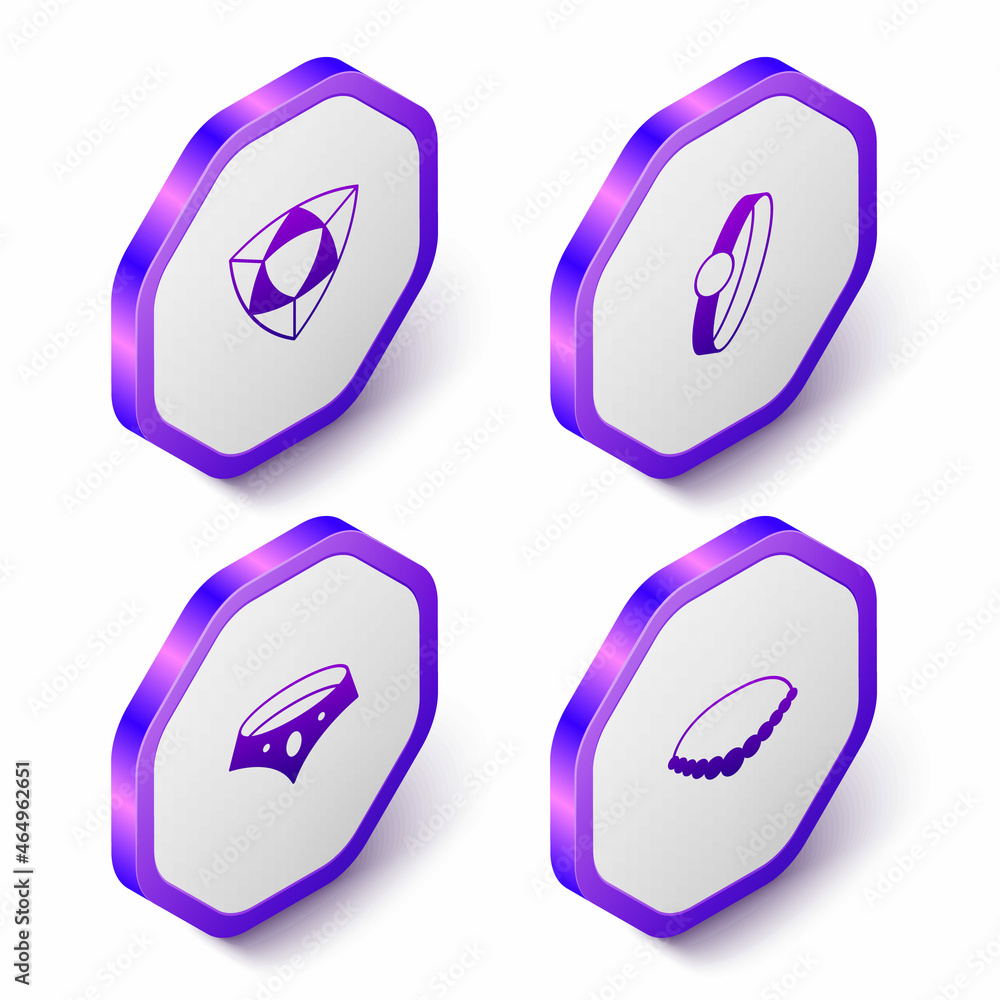 Set Isometric Diamond, engagement ring, Necklace and Pearl necklace icon. Purple hexagon button. Vector Set Isometric Diamond, engagement ring, Necklace and Pearl necklace icon. Purple hexagon button. Vector