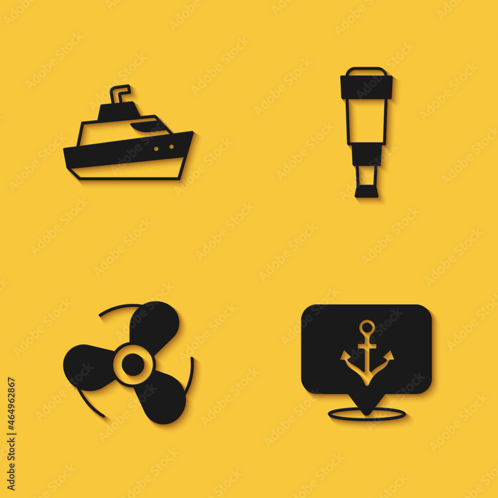 Set Speedboat, Anchor, Boat propeller and Spyglass telescope lens icon with long shadow. Vector Set Speedboat, Anchor, Boat propeller and Spyglass telescope lens icon with long shadow. Vector