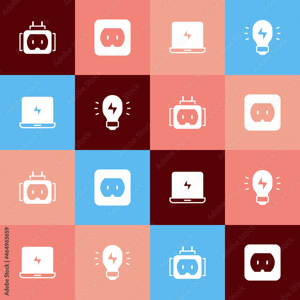 Set pop art Tee plug electric, Electrical outlet, Laptop and Creative lamp light idea icon. Vector Set pop art Tee plug electric, Electrical outlet, Laptop and Creative lamp light idea icon. Vector