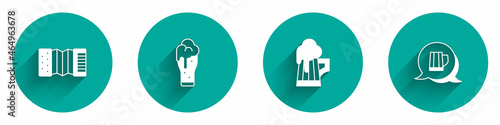 Set Accordion, Glass of beer, Wooden mug and icon with long shadow. Vector